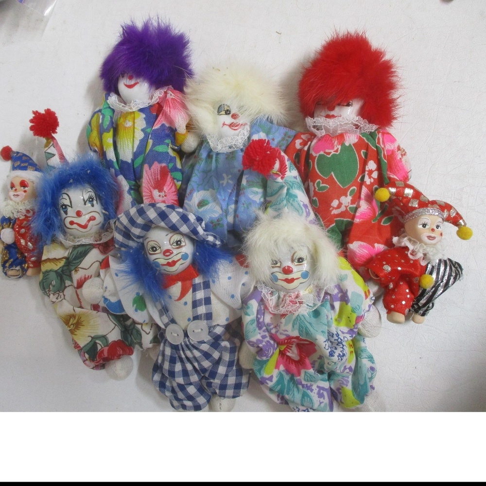 Colorful Clothing Fluffy fir Hair Clown Sand porcelain  Doll Lot  6 Plus 2 Mini